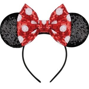 Sequin Mouse Ears Headband with Red Polka Dot Bow